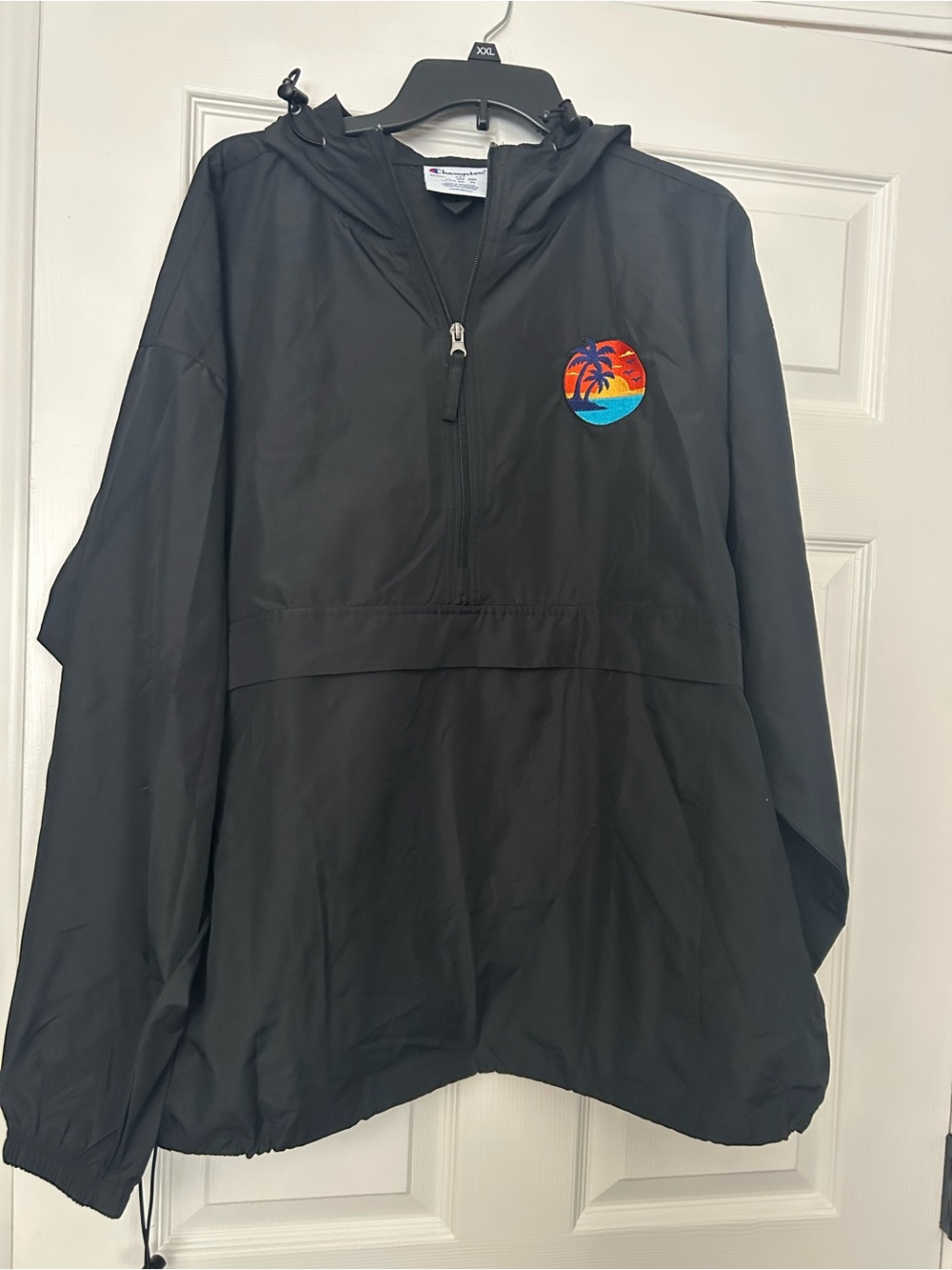Champion Black Hooded Windbreaker with Tropical Sunset Patch